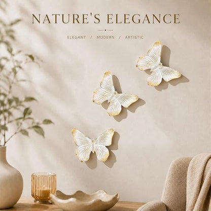 GUSFREUD 3D Butterfly Wall Decor Set – Resin Wall Decorations for Living Room, Bedroom, Garden, Yard, Outdoor and Gallery Walls - Ivory Gold - Set of 3