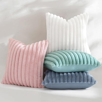 decorUhome Summer Cozy Faux Fur Throw Pillow Covers 18x18 Set of 2 Decorative Soft Plush Striped Modern Farmhouse Boho Couch Pillow Cases with Velvet Back for Sofa Bed Living Room, Aqua