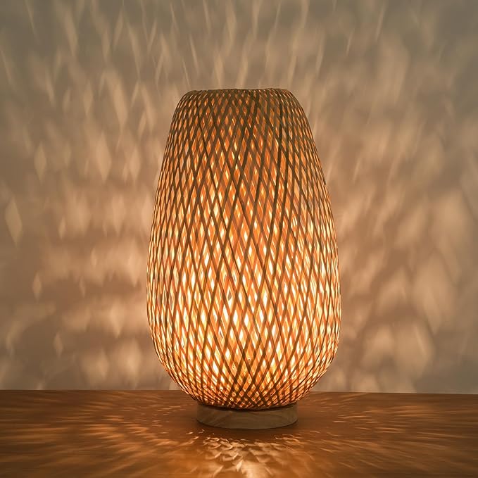 ARTZONE Rattan Lamp, Vintage Boho Lamp for Bedside, Handmade Mini Bamboo Table Lamp for Entrance Bedroom Living Room Office and Home Decor