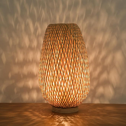 ARTZONE Rattan Lamp, Vintage Boho Lamp for Bedside, Handmade Mini Bamboo Table Lamp for Entrance Bedroom Living Room Office and Home Decor
