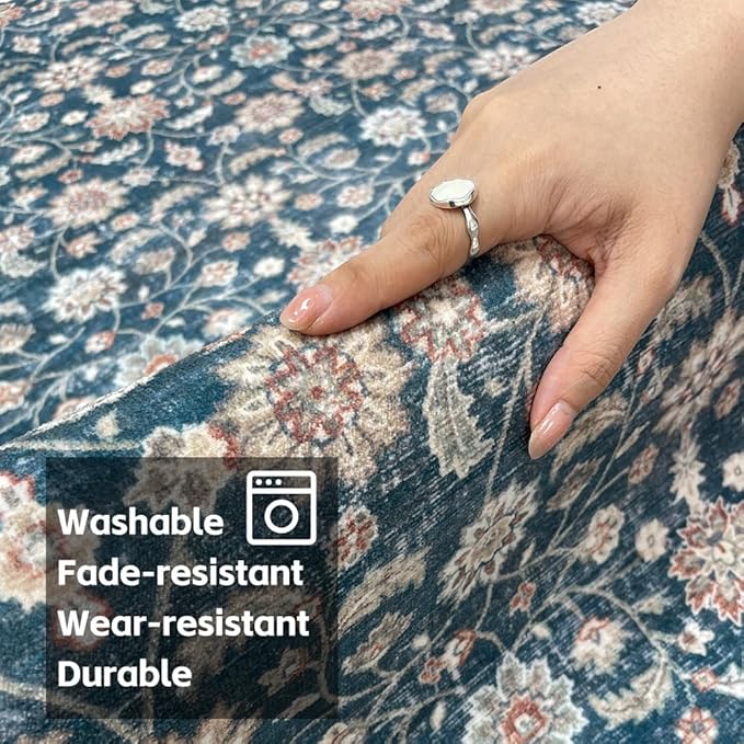 9x12 Area Rugs Green Washable Rug for Living Room, Dining Room, Bedroom, Large Carpets, Non Slip & Non-Shedding Low Pile Vintage Print Rug for Home Office Decor