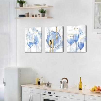 sechars 3 Pieces Set Kitchen Wall Decor Pink Wine Glass Wall Art Gold Utensils Canvas Prints Modern Dining Room Pictures (Blue)
