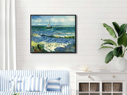 Wieco Art Black Framed Art Seascape at Saintes Maries by Vincent Van Gogh Oil Paintings Reproduction Modern Canvas Prints Sea Pictures on Canvas Wall Art for Living Room Home Deco