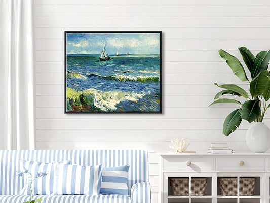 Wieco Art Black Framed Art Seascape at Saintes Maries by Vincent Van Gogh Oil Paintings Reproduction Modern Canvas Prints Sea Pictures on Canvas Wall Art for Living Room Home Deco