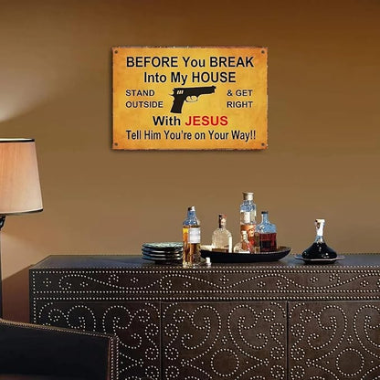 Vintage Metal Warning Sign, Religious Home Defense Wall Decor, 8x12 Inches, Yellow