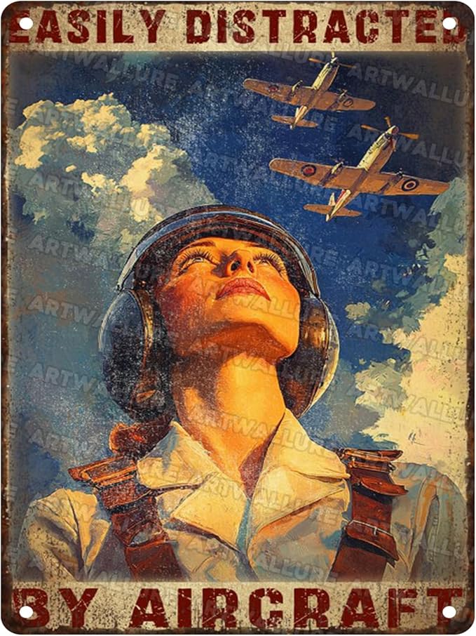 Airplanes Sign for Home Decor Easily Distracted By Airplanes Vintage Metal Poster Retro Art Decor for Backyard Garage Man Cave Shed Office Craft Room 12x16inch