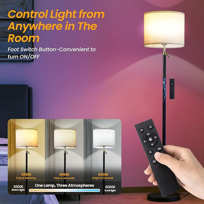 Remote Floor Lamp for Living Room and Bedroom - Modern RGB Standing Lamps Tall with Led Blub and Dimmable Light - 55"-67" Height Adjustable Standing Lamps with Shade for Corner Lighting（Black & Gold）