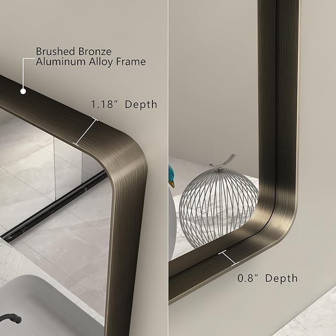 24x32 Bronze Bathroom Mirror, Rounded Rectangle Bronze Frame Mirror, Brushed Bronze Bathroom Vanity Mirror Wall-Mounted, Anti-Rust, Hangs Horizontally or Vertically