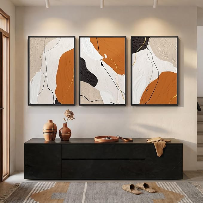 Framed Orange Abstract Wall Art for Living Room, 3 Piece Modern Minimalist Canvas Print Artwork for Walls, Large Neutral Abstract Paintings Picture for Bedroom Office Dining Room Wall Decor, 24x36 In