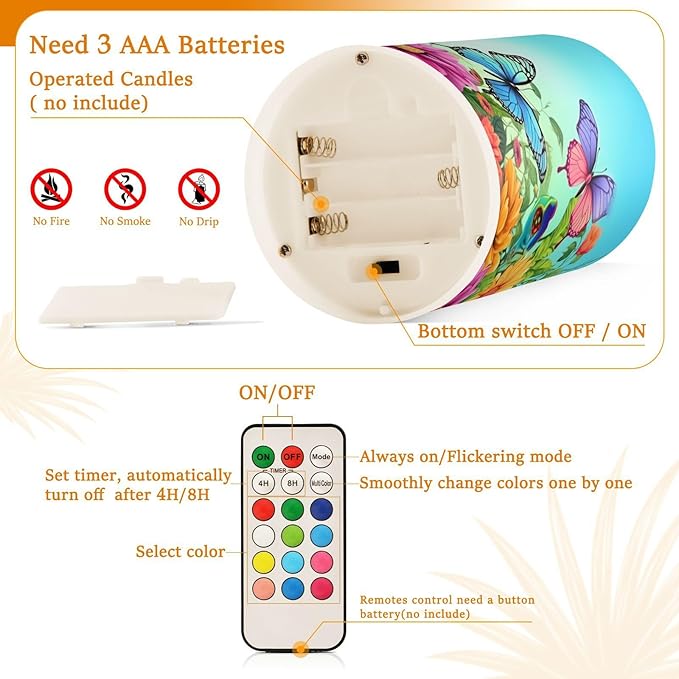 ALAZA Spring Color Butterflies Flowers Flickering Flameless Candles Battery Operated with Remote Timer,Tea Light Candles LED Pillar Votive Candles Set of 2 for Outdoor Indoor Decorations