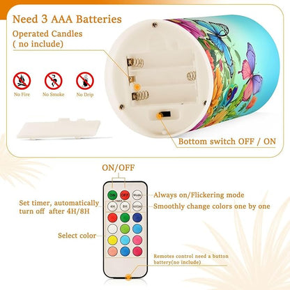 ALAZA Spring Color Butterflies Flowers Flickering Flameless Candles Battery Operated with Remote Timer,Tea Light Candles LED Pillar Votive Candles Set of 2 for Outdoor Indoor Decorations