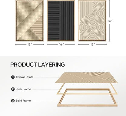 Framed Neutral Abstract Wall Art for Living Room, Set of 3 Piece Boho Modern Beige Canvas Artworks for Walls, Minimalist Geometric Painting Prints for Bedroom Hallway Home Office Wall Decor, 16x24 In