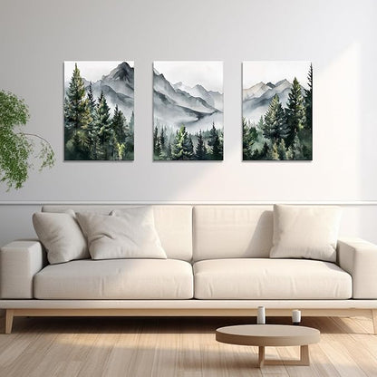 WANGTIAO 3 Panels Framed Canvas Wall Art for Living Room, Abstract Mountain Forest Views Ink Wall Decor for Dedroom Office Wall Paintings Green Landscape Art Prints Pictures Ready to Hang 12"x16"x3