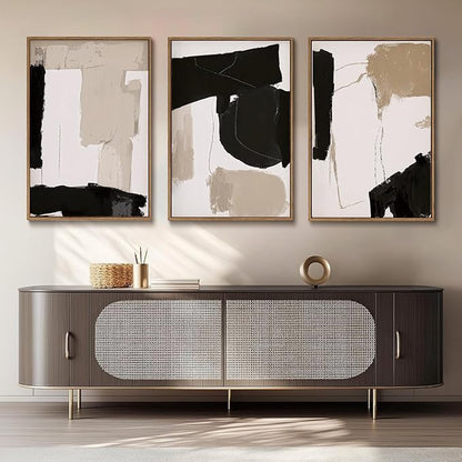 myusuar 3 Piece Large Modern Abstract Canvas Framed Wall Art For Living Room, Black And Beige Blocks Minimalist Wall Art Decor Posters Prints For Bedroom Office, 24x36in