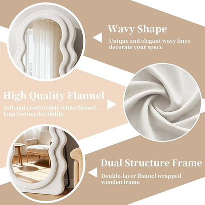 Wavy Full Length Mirror, 71"x30" Full Body Mirror, Flannel Floor Mirror with Stand, Large Mirrors Hanging or Leaning Against Wall for Bedroom Living Room, White