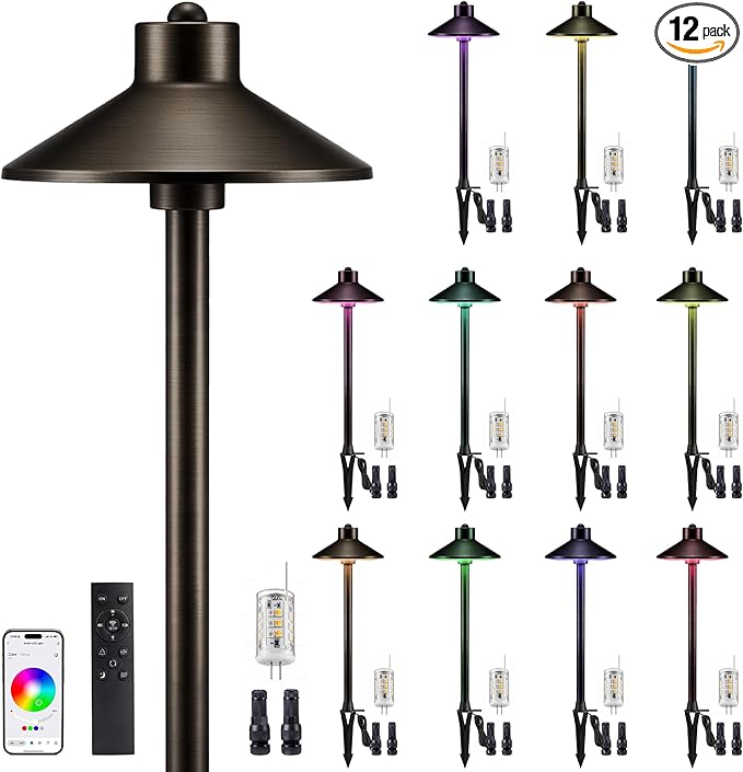 Gardenreet Brass Smart RGBCW Low Voltage Path Lights, 12v Bluetooth App Landscape Lighting, Dimmable 2700K-6500K Warm/Cool White LED G4 Bulb, Waterproof Daily Walkway Yard Garden, Bronze 12 Pack