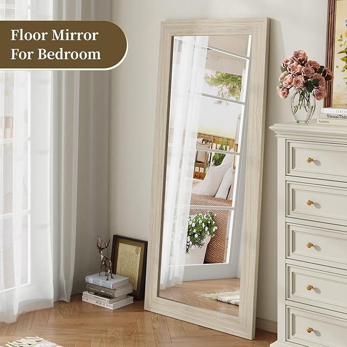 Syndra Modern Full Length Mirror Wood Frame, 65x24'' Large Floor Mirror with HD Tempered Glass & Wall Mount, Rectangular Standing Mirror for Bedroom, Living Room, Entryway, Farmhouse(Grey White Oak)