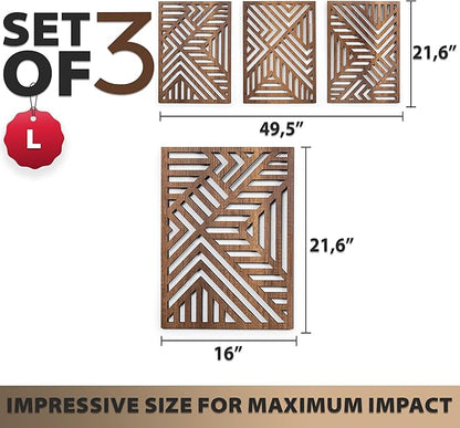 qmmp Modern Wooden Wall Sculptures - Set of 3 - Home Decor Accent - Large Wall Art for Living Room, Bedroom, Office - Easy Installation (Walnut, Large - Direction)