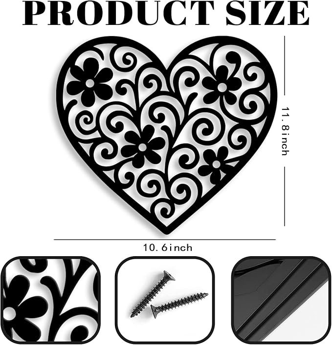 Vineland Black Metal Heart Wall Art, 11.8 Inch Modern Minimalist Sculpture, Floral Pattern Design for Living Room Bedroom Bathroom, Matte Finish Boho Home Decor