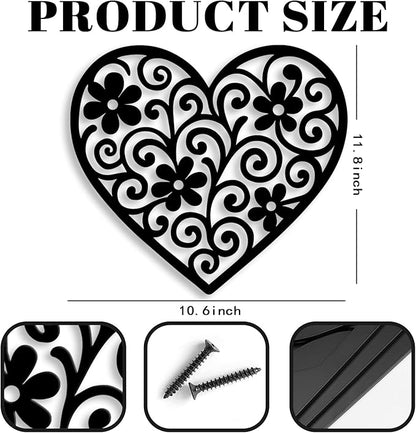 Vineland Black Metal Heart Wall Art, 11.8 Inch Modern Minimalist Sculpture, Floral Pattern Design for Living Room Bedroom Bathroom, Matte Finish Boho Home Decor