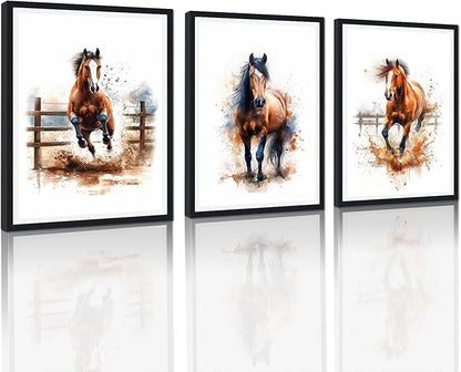 3 Pieces Watercolor Horse Framed Canvas Wall Art Equestrian Horse Picture Wall Decor for Farmhouse Modern Running Horses Print Artwork for Living Room Decoration Easy to Hand 16x24inchx3pcs