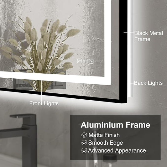 24x32 inches Rectangular Aluminum Black Framed LED Mirror, Smart Bathroom Mirror with Lights, Anti-Fog, Tempered Glass, 3 Colors Dimmable, Front and Backlit, Wall Mounted, Memory