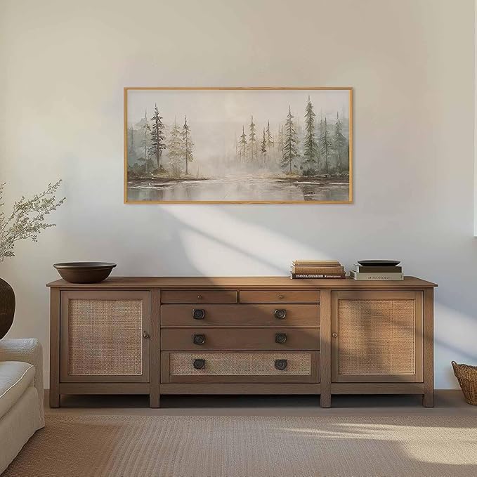 HPNIUB Modern Misty Pine Tree Framed Wall Art Set,Neutral Abstract Landscape Wall Decor,Nature Foggy Forest Art Print, Beige Rustic Farmhouse Artwork for Living Room, Bedroom,Office- 20"x40"