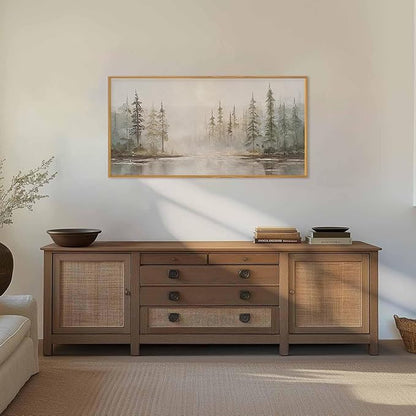 HPNIUB Modern Misty Pine Tree Framed Wall Art Set,Neutral Abstract Landscape Wall Decor,Nature Foggy Forest Art Print, Beige Rustic Farmhouse Artwork for Living Room, Bedroom,Office- 20"x40"