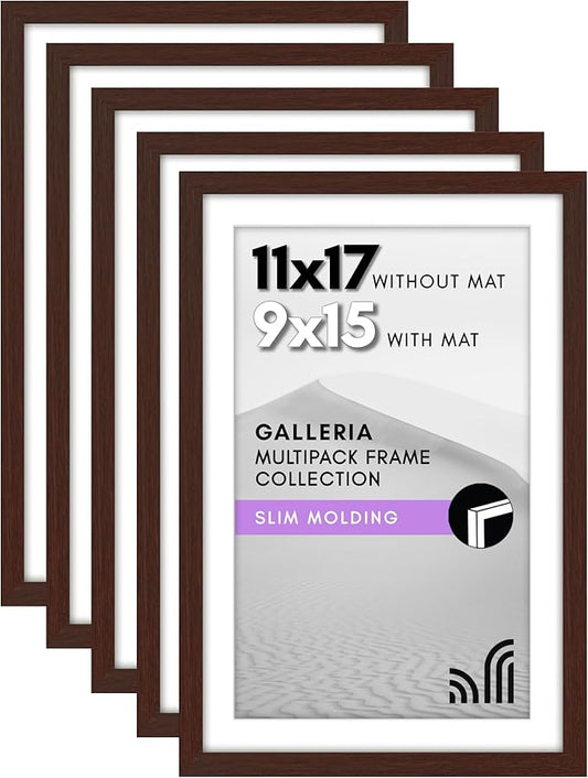 Americanflat 11x17 Picture Frame with Polished Plexiglass - Set of 5 - Use as 9x15 Frame with Mat or Display 11x17 Photo Without Mat - Galleria Collection - Picture Frames for Wall Display - Mahogany