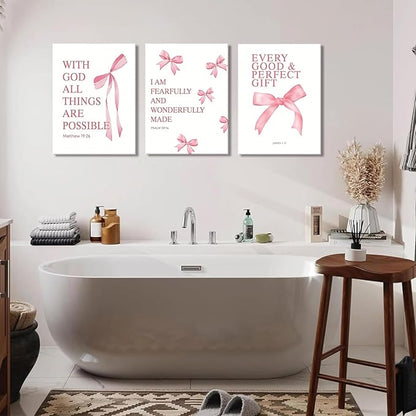 Coquette Pink Bow Canvas Wall Art Set of 3, Inspirational Bible Verses Decor Posters Pictures Prints Aesthetic for Girls Room College Apartment Living Room Bedroom Framed 12x16 Inch