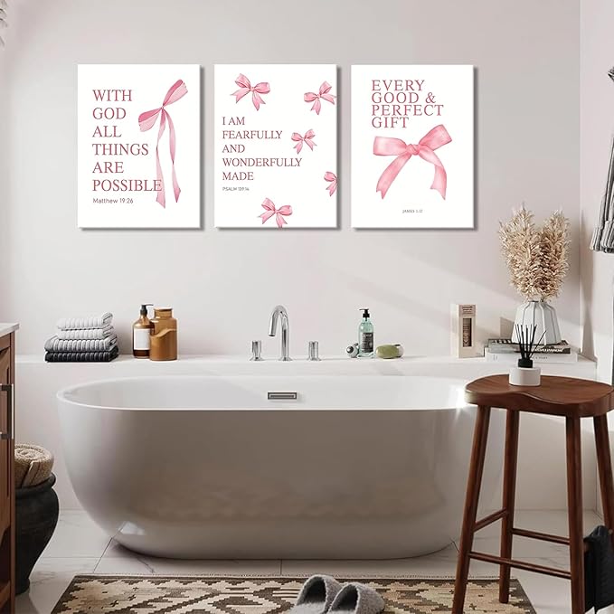 Coquette Pink Bow Canvas Wall Art Set of 3 Inspirational Bible Verses Decor Posters Pictures Prints Aesthetic for Girls Room College Apartment Living Room Bedroom Framed 16x24 Inch