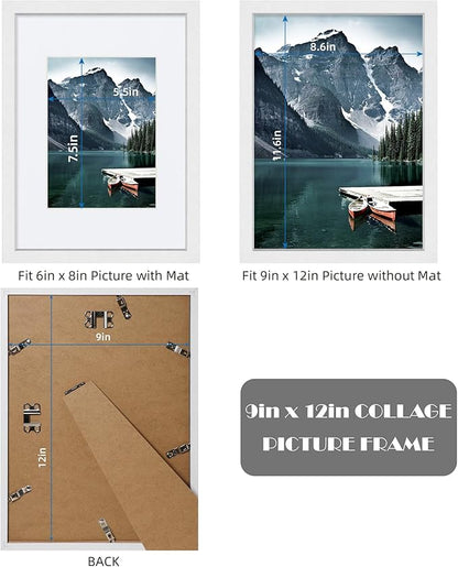 Hongkee 9x12 White Picture Frames set of 3, Made of Wooden and Glass Photo frame - Displays Picture 6x8 with Mat or 9 x 12 without Mat, Desktop & Wall Collage Frame set