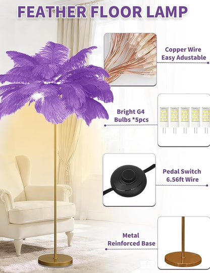 Feather Floor Lamp,Fluffy Ostrich Feather Floor Lamp for Bedroom,3 Color Temperatures Led Corner Modern Floor Lamps for Living Room Christmas Home Decor House Warming Gifts,63″ Height (Light Purple)