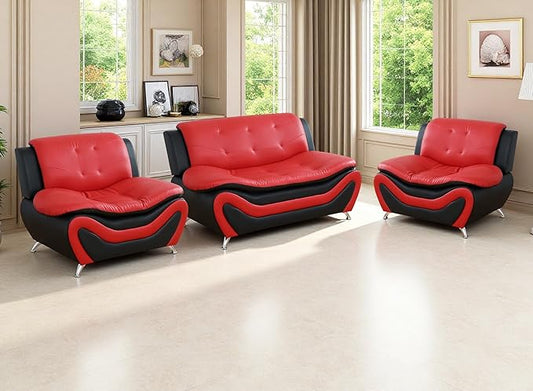 Living Room Furniture Sets, Black&Red Faux Leather Sofa Couches, 3PCS Living Room Sofa Sets, Loveseat and 2 Chairs for Bedroom, Rv Car, Office