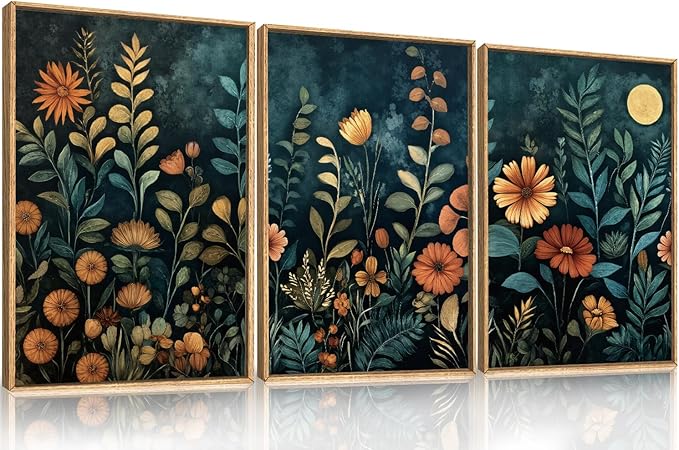 Vintage Dark Botanical Framed Canvas Wall Art Set, Colorful Floral Wall Decor, Nature Wildflower Wall Painting, Colorful Blossom Art Prints for Living Room, Bedroom, Office - 24"X36"X3