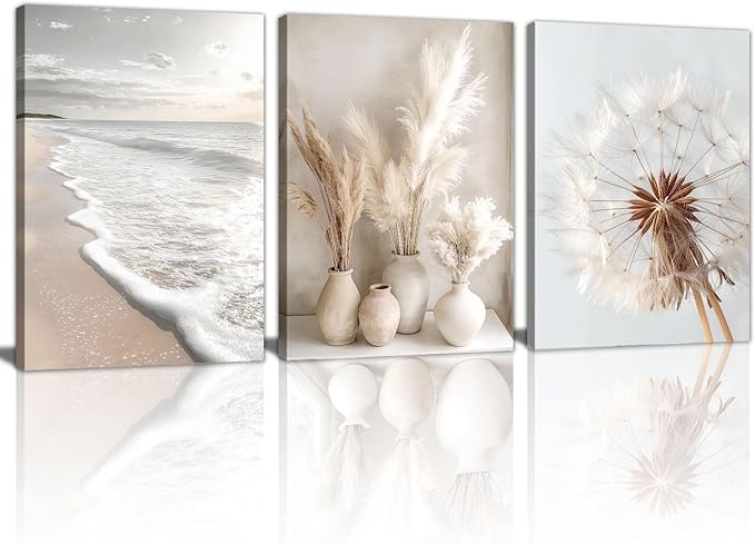 3 Pcs Beach Coastal Sunset Wall Art for Living Room, Modern Beige Dandelion Reeds Botanical Wall Pictures Aesthetic Nature Landscape Wall Painting Art Prints for Bedroom Office Home Decor 12"x16"x3Pcs