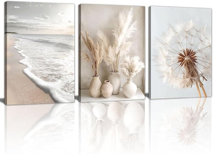 3 Pcs Beach Coastal Sunset Wall Art for Living Room, Modern Beige Dandelion Reeds Botanical Wall Pictures Aesthetic Nature Landscape Wall Painting Art Prints for Bedroom Office Home Decor 16"x24"x3Pcs