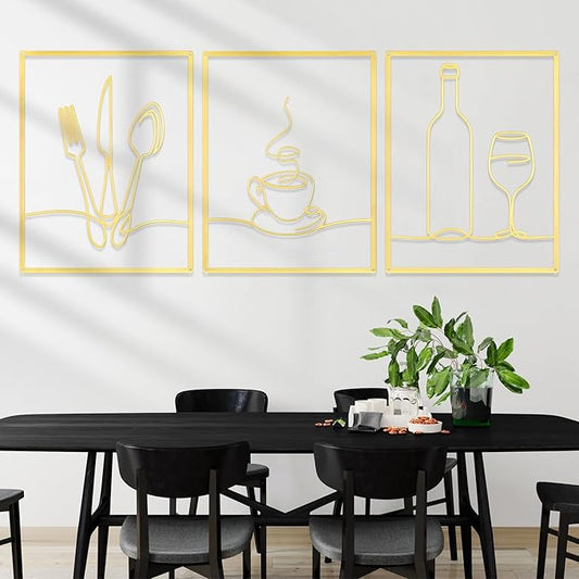 Otoolling 3 Pieces Metal Minimalist Line Kitchen Signs Wall Decor Drawing Rustic Kitchen Wall Art for Dining Living Room Home, 14 x 11 Inches(Dining Room,Gold)