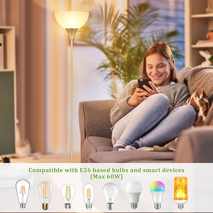 Coucrek Floor Lamp, LED Standing Lamps with White Plastic Shade, Corner Floor Lights for Living Room Bedroom, Rotary Switch, Bulb not Included, Gold