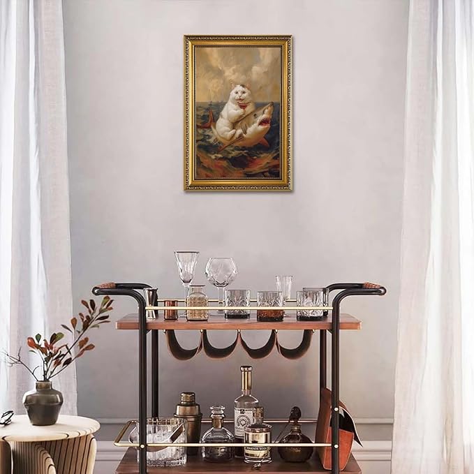 YD&YZY Gold Framed Funny Cat Bathroom Wall Art Canvas Vintage Quirky Humor Wall Decor Cat Riding Shark Martini Painting Picture Print Artwork for Bedroom Living Room Bathroom 16x24 inch Framed