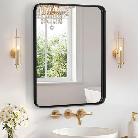 NEWBULIG 16X20 Inch Bathroom Mirror for Over Sink, Wall Vanity Mirrors Tempered Glass, Anti-Rust Metal Framed Rounded Rectangle, Hangs Horizontally or Vertically, Farmhouse Home Decor, Black