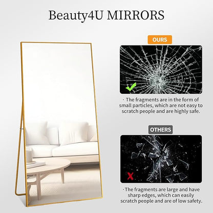 Beauty4U 65" x 24" Full Length Mirror with Stand, Gold Wall Mounting Full Body Mirror, Metal Frame Full-Length Tempered Mirror for Living Room, Bedroom