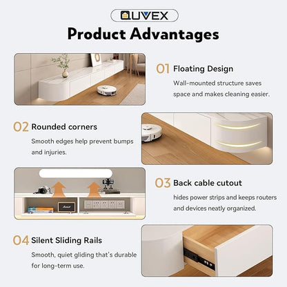 118" Floating TV Stand Fully Assembled, Wall Mounted Entertainment Center Media Console Cabinet with Curved Edge, Floating TV Console Table with Storage Drawers & Door, for Living Room TVs