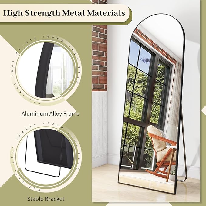 BEAUTYPEAK 64"x21" Full Length Mirror, Arch Full Body Floor Mirror, Wall Mirrors Hanging or Leaning Arched-Top with Stand for Bedroom, Dressing Room, Black