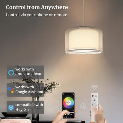 Hanging Lamp Plug in Pendant Light 2 Pack with Remote Control, 15Ft Hanging Lights with Plug in Cord White Double Shade Ceiling Pendant Light for Living Room, Bedroom, Kitchen