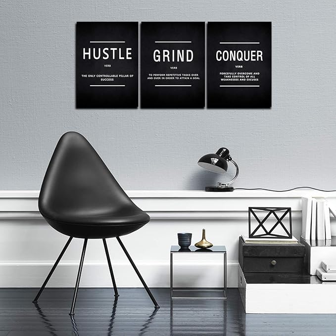 KAWAHONE Success Quotes Wall Art, Grind Hustle Conquer Motivation Wall Poster Framed Positive Sayings Wall Hanging Inspirational Quotes for Home Office Workplace - 20x28inx3pcs