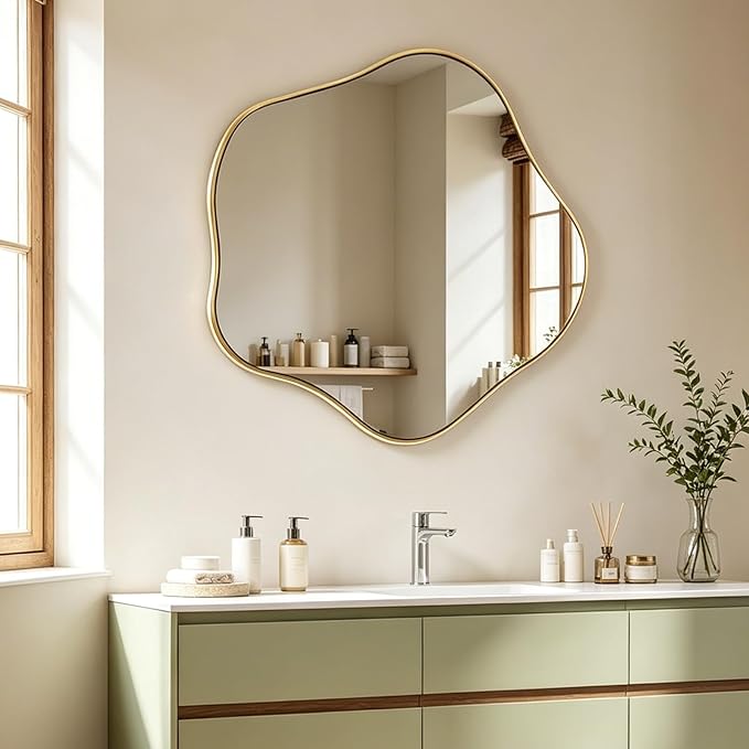 Irregular Round Mirror, 28" Scalloped Mirror with Gold Metal Frame, Modern Asymmetrical Wall Mirrors Decorative, Wavy Shaped Mirrors for Living Room Bathroom Bedroom Hallway Entryway