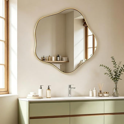 Irregular Round Mirror, 28" Scalloped Mirror with Gold Metal Frame, Modern Asymmetrical Wall Mirrors Decorative, Wavy Shaped Mirrors for Living Room Bathroom Bedroom Hallway Entryway