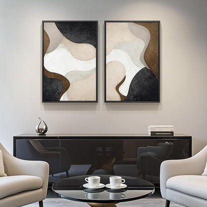 Framed Neutral Abstract Minimalist Wall Art Set of 2, Modern Canvas Prints Paintings Artwork for Walls, Black Beige Brown Abstract Art Pictures for Bedroom Living Room Dining Room Wall Decor 16x24 In