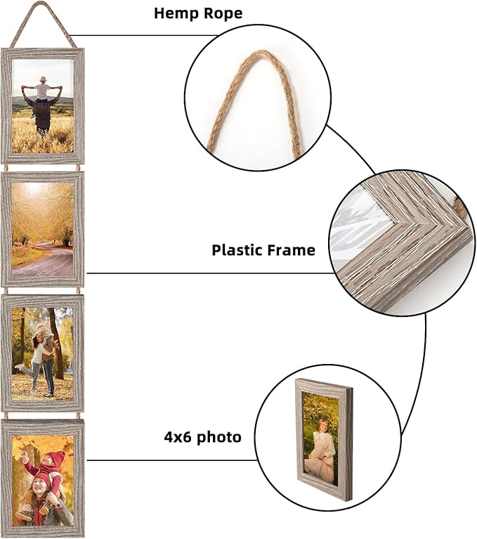Lavezee 4x6 Hanging Collage Picture Frames Set of 2, 8 Opening Vertical Frame Made to Display 4 by 6 Inch Photo for Wall Decor, Rustic